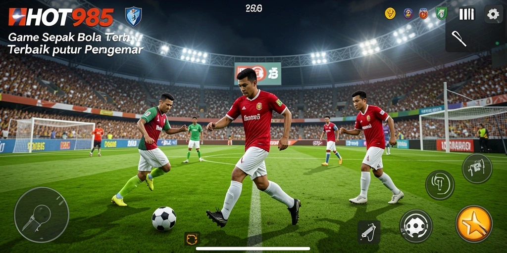 Tangkapan layar gameplay HOT985 yang menampilkan aksi pertandingan sepak bola.