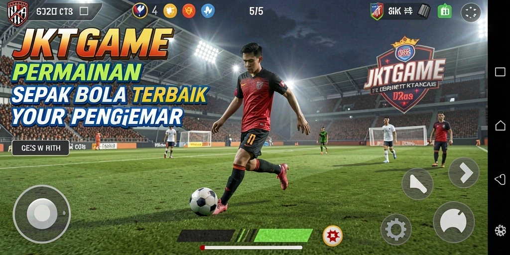 Screenshot gameplay JKTGAME menampilkan aksi sepak bola yang mendebarkan.