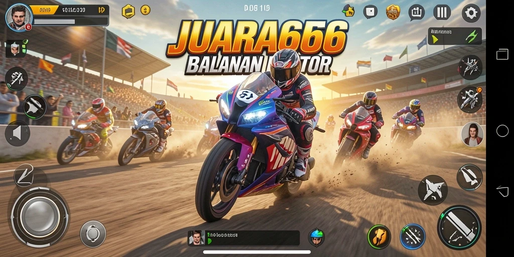Gameplay JUARA666 menampilkan adu balap motor yang seru dan kompetitif.