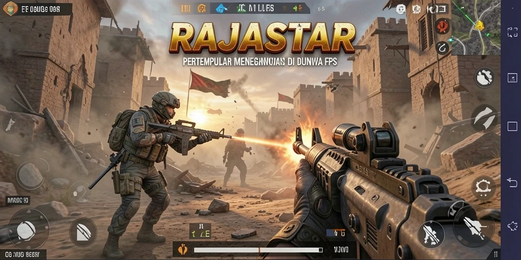 Tangkapan layar gameplay <strong>RAJASTAR</strong> yang menunjukkan aksi tembak-menembak mendebarkan.