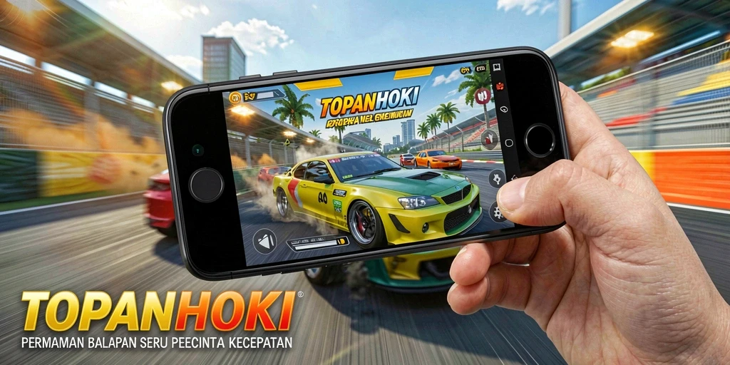 Screenshot gameplay <strong>TOPANHOKI</strong> yang menampilkan balapan seru di lintasan.